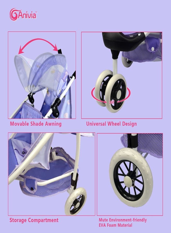 Anivia Doll Stroller Toy Anivia Realistic Twin Dolls Pram, Doll Pushchair with Shopping Basket Heart Design Gifts for Toddlers and Girls Foldable Baby Doll Stroller Toy (DA310pur) - Image 4